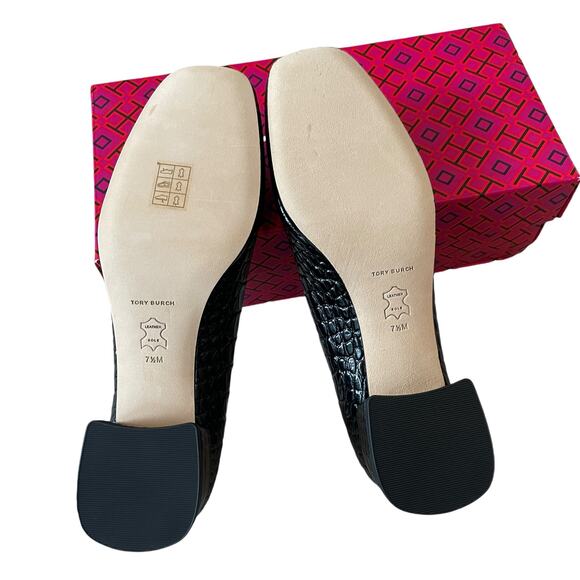 TORY BURCH Women Croc Leather Georgia Pump 25mm Black Size 7.5 New In Box - Picture 11 of 16